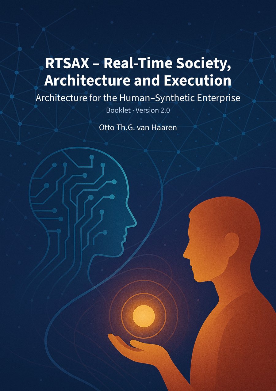 Cover of the RTSAX booklet, version 2.0: a human profile facing a circuit-drawn profile, holding a glowing orb, on a deep blue network background